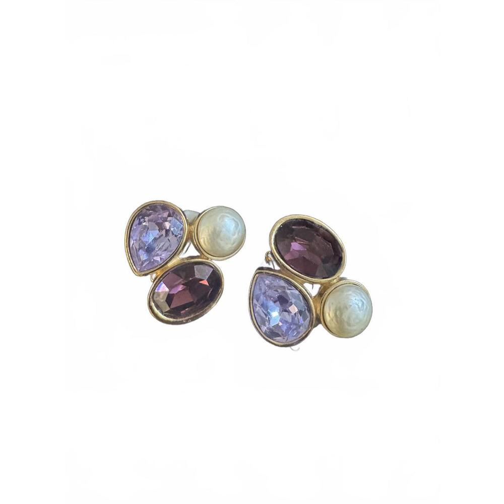 Vintage Ciner Multi Color Glass lip-On Earings Signed, crystal and Pearl